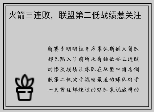 火箭三连败，联盟第二低战绩惹关注